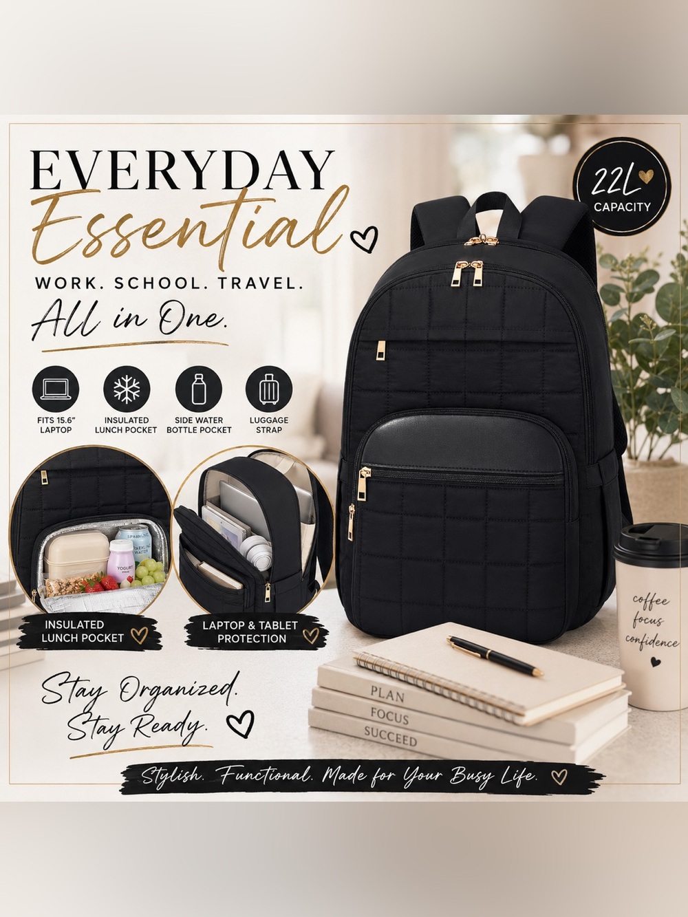 Black 22L Laptop Backpack w/ Insulated Lunch Pocket Travel School Work Bag
